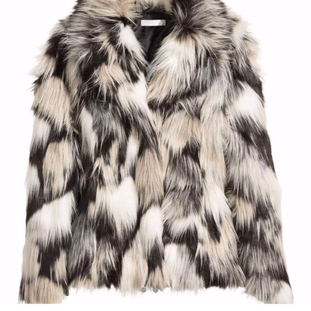 H&M Black Beige and White Faux Fur Coat